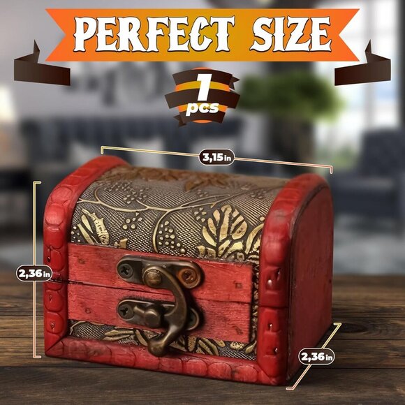 Small Wooden Treasure Chest Box with Lid Decorative Mini Jewelry Storage Box - Picture 2 of 10